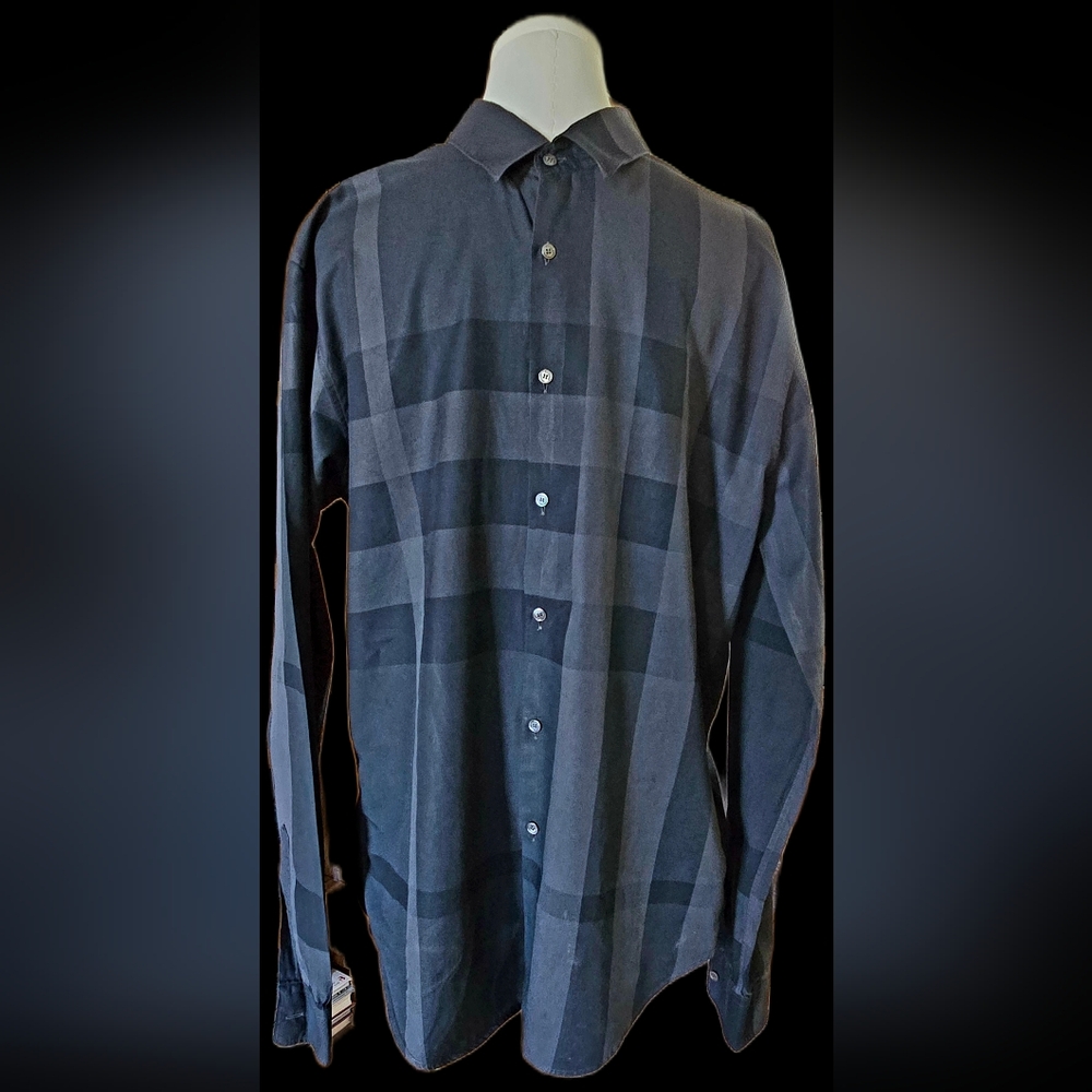 Burberry Men's Dark Gray and Black Plaid Button-Down Shirt